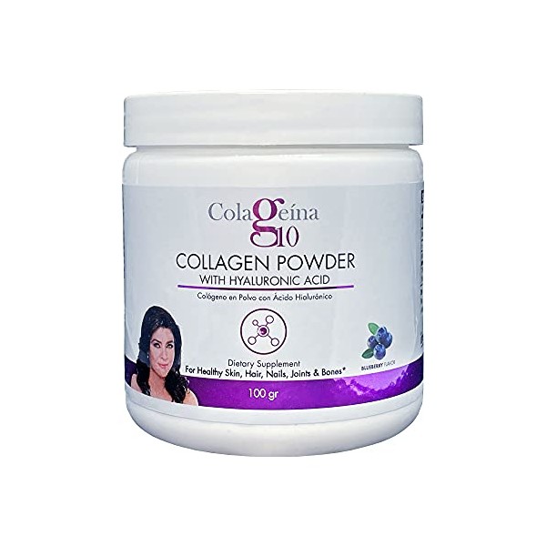 Colageina 10 Hydrolyzed Collagen Powder with Hyaluronic Acid and Vitamin C for Younger, Healthy Skin, Hair, Nails, and Joints. Blueberry Flavor, Water-soluble, 3.5 ounces, 100 grams.