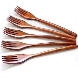 AOOSY 5 Piece Wooden Forks Set, Wooden Vintage Style Brown Practical Cutlery Crockery Cutlery Set Dinner Forks for Kitchen Home Restaurant (No Rope Tied )