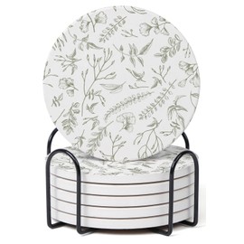 Hoomey Set of 6 Sage Green Vintage Floral Coasters with Holder, Absorbent Ceramic Drink Coasters with Cork Backing for Table Protection, Table Decor, Housewarming Gifts