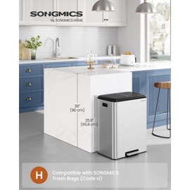 SONGMICS Trash Can, 2 x 8 Gallon (2 x 30 L) Double Garabge Can for Recycling and Waste, Stainless Steel, Soft-Close Lid, Inner Buckets, Wide Sturdy Pedal, Metallic Silver ULTB556E01