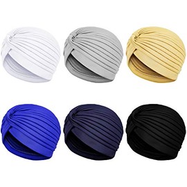 JaGely Turbans for Women Stretch Slouchy Head Beanie Cover Pre-Tied Knot Twisted Pleated Headwrap Nightcap, Assorted Colors (Khaki, Black, White, Dark Blue, Light Gray, Navy)