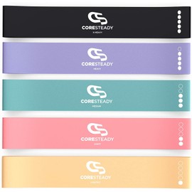 Coresteady Resistance Bands Set of 5 - Mini Fitness & Loop Exercise Band for Men & Women - Yoga, Body & Gym Sport Resistance Loop Bands for Strength, Muscle & Tone - With E-Guide & Travel Bag
