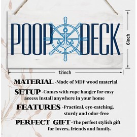 Nautical Style Wood Decor Sign, Poop Deck, Hanging Printed Wooden Plaque Décor, Rustic Wall Decor Indoor or Outdoor, Home Décor Sign for Nursery, Artistic Wall Sign for Beach Bathroom Hostel 12x6 inch