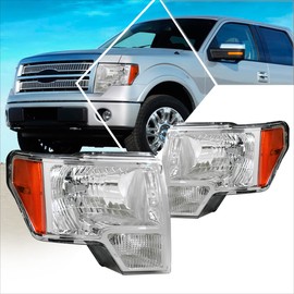 2Pcs Halogen Headlights Assembly Compatible with 09-14 Ford F150 | Headlamps with Chrome Housing Amber Corner