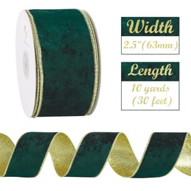 HUIHUANG Green Velvet Wired Ribbon 2.5 inch Dark Green Velvet Ribbon with Gold Glitter Christmas Ribbon for Christmas Tree, Bows, Wreaths, Garlands, Gift Wrapping, Home Decor- Continuous 10 Yards