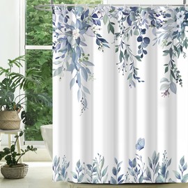 CTOTSYC Eucalyptus Shower Curtain, Blue Watercolor Leaves with Floral Botanical Bathroom Decor, Waterproof Fabric Bath Curtain Set with Hooks, 72x84 Inches