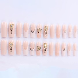 BABALAL Long Square Press on Nails White Fake Nails French Tip Stick ons Nails Gold Butterfly Charm Luxury Glitter Design Acrylic Nails 24Pcs Squoval False Nails
