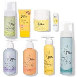 LAV KIDS 7-Piece Skincare Bundle includes Face Wash, Cream, SPF 50 Sunscreen, Shampoo, Conditioner, Leave-in, Shower Gel, in a mesh bag with hairband, scalp massager & sponge.