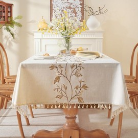 Lifetooler Table Cloths Rectangle Cotton Linen Tassel Tablecloth Waterproof Wrinkle Free Table Cover for Kitchen Dinning Tabletop Decoration(White,55 x 55 Inch)