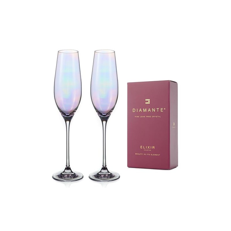 DIAMANTE Champagne Flute Glasses - Iridescent Holographic Lustre Collection