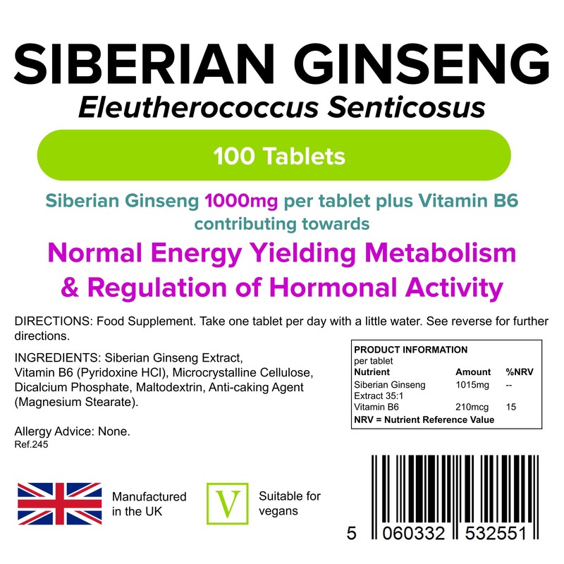 Lindens - Siberian Ginseng 1000mg - 100 Tablets - UK