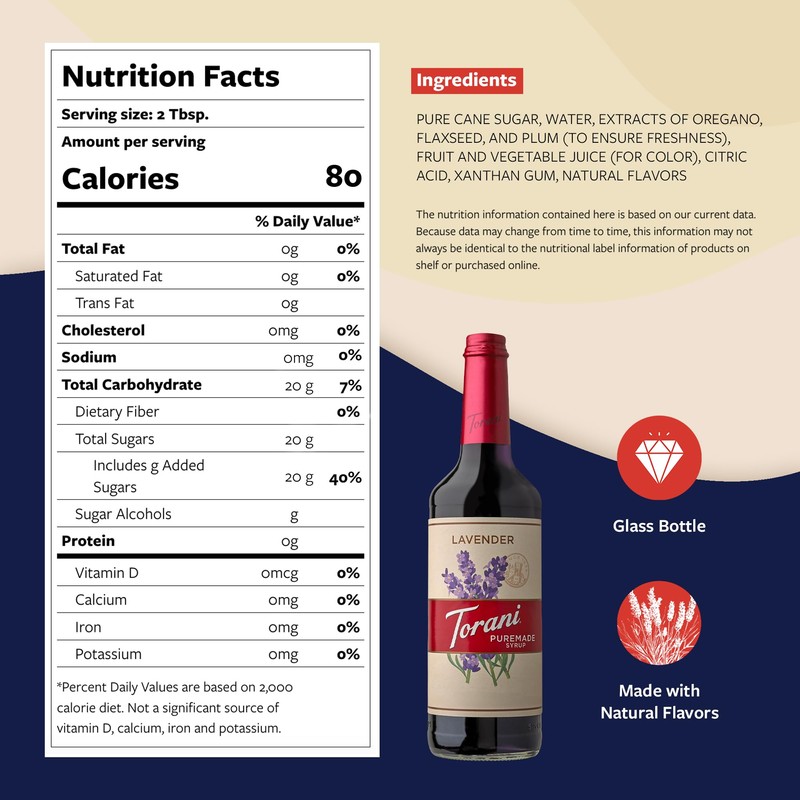 Torani Puremade Syrup, Lavender Flavoring for Drinks, Glass Bottle with