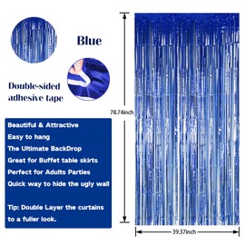 Fachoige 9packs of 3.2ft*6.6ft Metallic Tinsel Foil Fringe Curtains Wedding for Birthday Engagement Bridal Shower Bachelorette Holiday Celebration Party Decorations and Photo Booth Props(9 pack Blue)