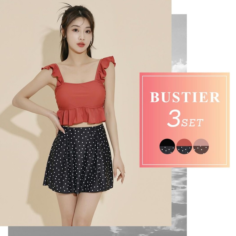 [Teddy] 水着 レディース ビスチェ ビキニ 体型カバー 3点セット ショルダーフリル 露出控えめ hys3160