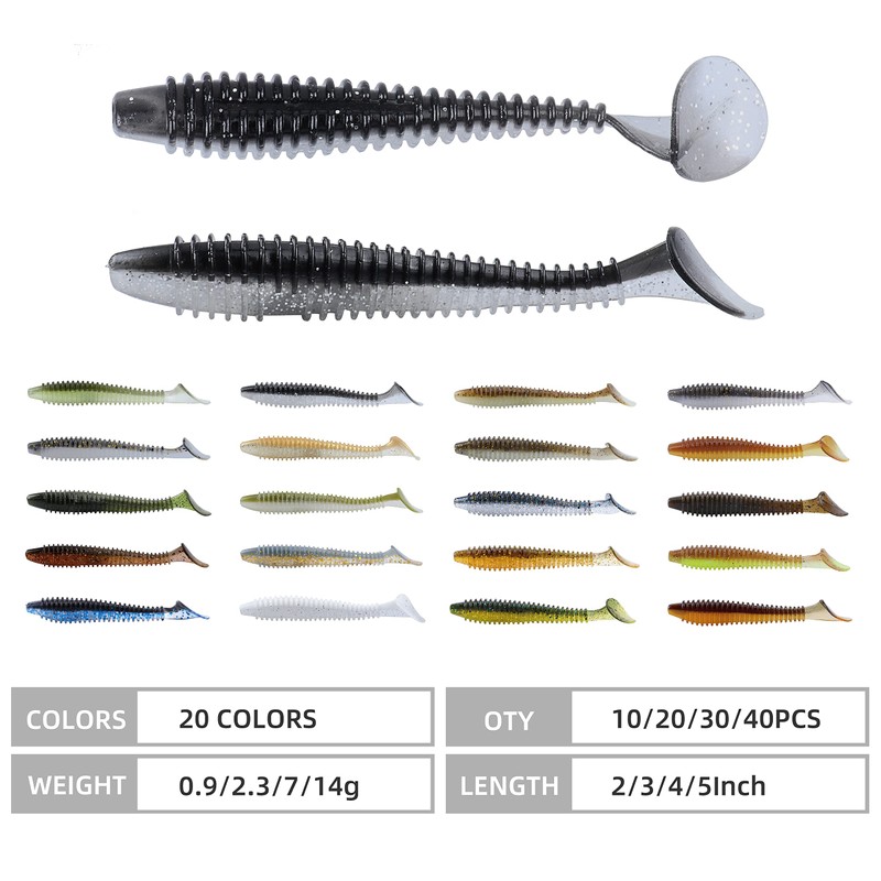 RUNCL ProBite Paddle Tail Swimbaits Black Silver, Soft Fishing Lures