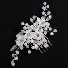 Rumtock White Flower with Rhinestones Beads Hair Comb for Wedding Brides Women Banquet Prom Side Headpiece Handmade Hair Piece (Silver)