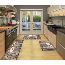 Rustic Flower Kitchen Rug Sets of 3 Pieces,Daisy Flowers Butterfly Vintage Floral on Barnwood Old Wooden,Comfort Standing Floor Mats Anti Fatigue Non-Slip Bathroom Runner Rug Washable Chef Sink Mat