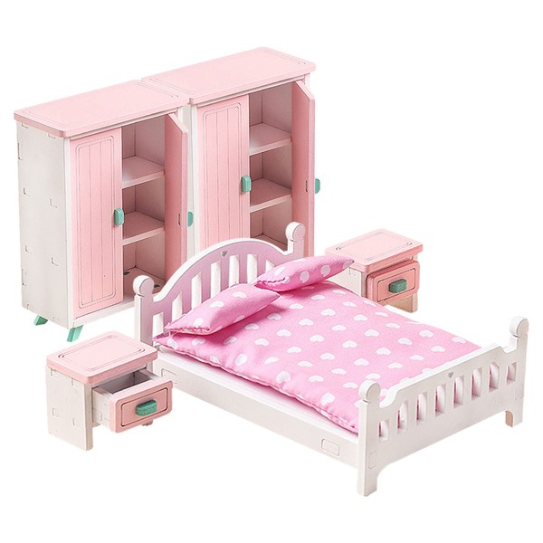 7 Piece Bedroom Dollhouse Furniture, Furniture Set Dollhouse Accessories, Cabinet Furniture, Bedroom Set, Double Bed, Bed, Bed Linen, Accessories, Toy Mini Doll Furniture Made of Solid Wood