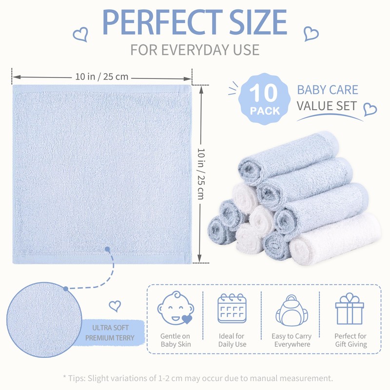 BEBE FAVOUR 10 Pack Baby Washcloths Rayon from Bamboo Terry