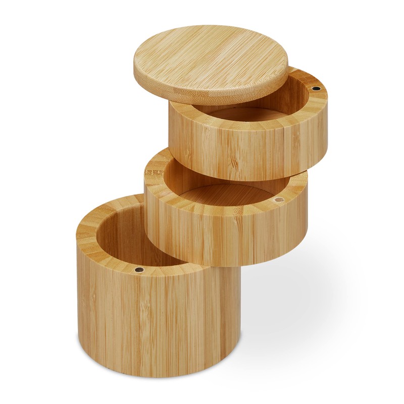 Relaxdays Salt Container with Lid, 3 Compartments, Bamboo, Rotating Spice