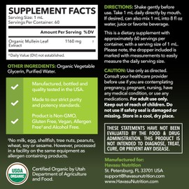 Mullein Drops for Lungs - USDA Organic Mullein Leaf Extract - Respiratory Health and Lung Support Supplement - 2 Fl Oz - Vegan, Non-GMO, and Alcohol Free Formula - Herbal Tincture - 2 Month Supply