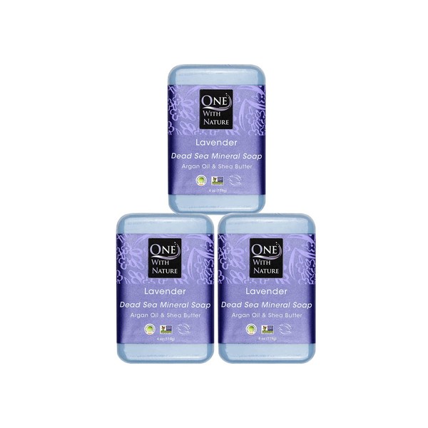 One With Nature Dead Sea Mineral Lavender Soap Bars 3Pack 4Oz - Dead Sea Salt Contains Magnesium, Sulfur & 21 Essential Minerals - Ideal for All Skin - Shea Butter, Argan Oil Enriches, Natural Frag.