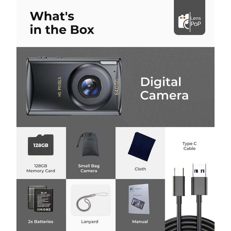 Lenspop 64 MP Digital Compact Camera with Flash, Digital Camera