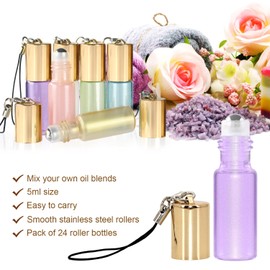 Mavogel Essential Oil Roller Bottles - 24 Pack 5ml Pearl Colored Glass Bottles with Stainless Steel Roller Ball, Essential Oil Key Opener and Droppers Included