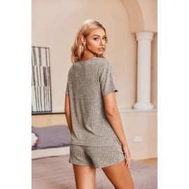 Ekouaer Women's Ribbed Short Sleeve Pyjamas, Women's Summer Leisure Suit, Short Lounge Set, S-XXL, khaki