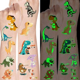 15 Sheets Glow in The Dark Cartoon Dinosaur Temporary Tattoos For Kids Boys Girls Face Hands, Night Glowing Luminous Tattoo Stickers Dino Tatoos Children, Party Stocking Stuffer Goodie Bags Fillers