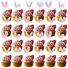 JazSwirl Easter Cupcake Toppers, 24 Pcs Easter Bunny Cupcake Toppers Happy Easter Cupcake Toppers, Easter Cupcake Decorations Bunny Ears Cupcake Toppers, Easter Paper Cupcake Toppers (Bunny Ears)