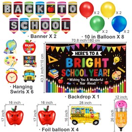 Back to School Decorations, First Day of School Decorations Supplies with Banner, Backdrop, Apple School Bus Pencil Foil Balloons, Hanging Swirls for Classroom, Kindergarten, Teacher Office, School Party Decor