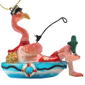 Fishing Flamingo Christmas Tree Glass Ornament, Nautical Beach Pink Holiday 2024 Decorations, Hanging Accessories, 5x2x4 Inches (Fishing Flamingo)