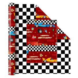 Wernnsai Race Car Wrapping Paper - 1 Roll, 17' x 33 ft, Reversible, Plaid, Jumbo, Birthday, Kids' Racing Car Party Favor, Gift Wrap, Checkered Design
