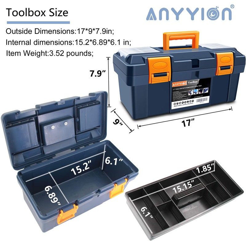 Anyyion 18-inch Tool Box with Removable Tray, Small Parts Box