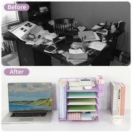 OUTIOE Desk Organizer with Drawer and Pen Holder, 5-Tier Paper Letter Tray Organizer with File Holder, Suitable for Workspace Organizer Office Supplies Storage (Purple)