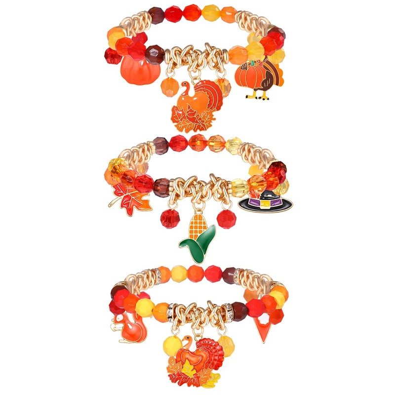 JERTOCLE 3Pack Thanksgiving Bracelets Beaded Stretch Fall Bracelets Pumpkin Turkey