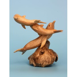 G6 Collection Hand Carved Wooden Dolphin Figurine, Tropical Nautical Coastal Home Decor Accent, Handcrafted Seaside Ocean Decoration, Decorative Wood Sculpture or Statue (3 Dolphins)