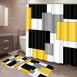 Tayney Yellow and Black Shower Curtain Set Geometric Bathroom Sets with Shower Curtain and Rugs, Grey and White Bathroom Shower Curtain Sets 3Pcs, Modern Yellow Bathroom Decor and Accessories