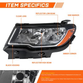 PM PERFORMOTOR Pair of Headlights Assembly Compatible with 2017 2018 2019 2020 2021 Jeep Compass, with Side Marker, Driver and Passenger Side, Black Housing Amber Corner