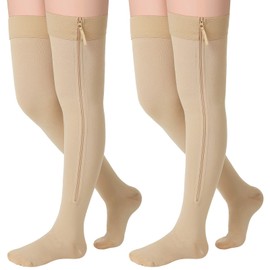 2 Pares Calcetines de Compresión con Cremallera Medias hasta Muslo de 20-30 mmHg Altas con Punta Cerrada (Beige, M)