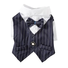 Pet Suit Bow Decor Striped Breathable Dog Cat Wedding Shirt for Spring and Summer Navy Blue S