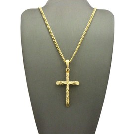 NYFASHION101 Crucifix Jesus on Rugged Cross Pendant with 3mm Cuban Chain Necklace, Gold-Tone, 18"