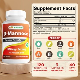 Best Naturals D-Mannose Capsules - Urinary Tract Cleanse Supplement 1500mg/Serving - 120 Count
