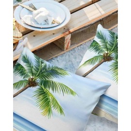 Outdoor Throw Pillow Cases Summer Seaside Palm Trees Ocean,Waterproof Pillow Cover Soft Pillow Protectors, Watercolor Beach Pillowcase for Sofa Couch Seaside Picnic RV Vacation