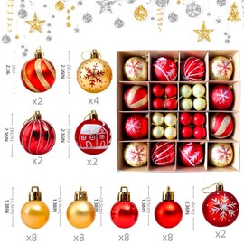 Christmas Ball Ornaments, 44pcs Christmas Tree Decoration Set Red Gold Christmas Ball Shatterproof Hanging Tree Ornament Assortment Set (Red)