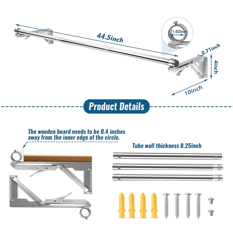 Foldable Wall Mounted Clothes Rack-44'' Long Rod&2 Bases,Stainless Steel, Heavy