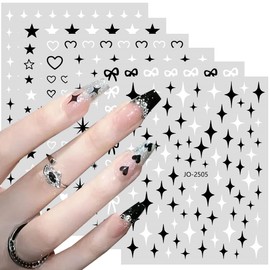 Black White Nail Art Stickers Star Heart Nail Decals Cute Bow Hearts Star Shapes Simple Shiny Pentagram Love Bow Nail Art Designs 3D Self-adhesive Press On Nail Art Charms Sticker Nail Decoration 6PCS