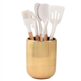 Satu Brown Utensil Holder, Ceramic Kitchen Gold Utensil Holder for Countertop,Cooking Utensil Crocks for Kitchen Counter 5.1 W x 6.6 H inches（Stripes）