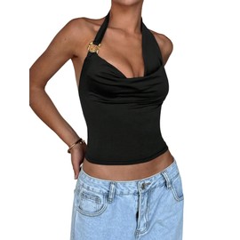 GORGLITTER Women's Crop Top Halterneck Summer Top Backless Tank Tops Halter Leisure Top Sleeveless Tops, black, S